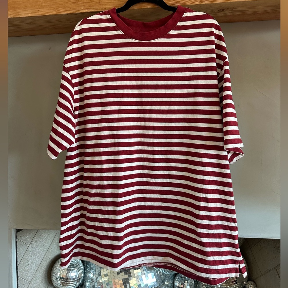 H&M Maroon & White Striped Oversized T-Shirt | Size XL